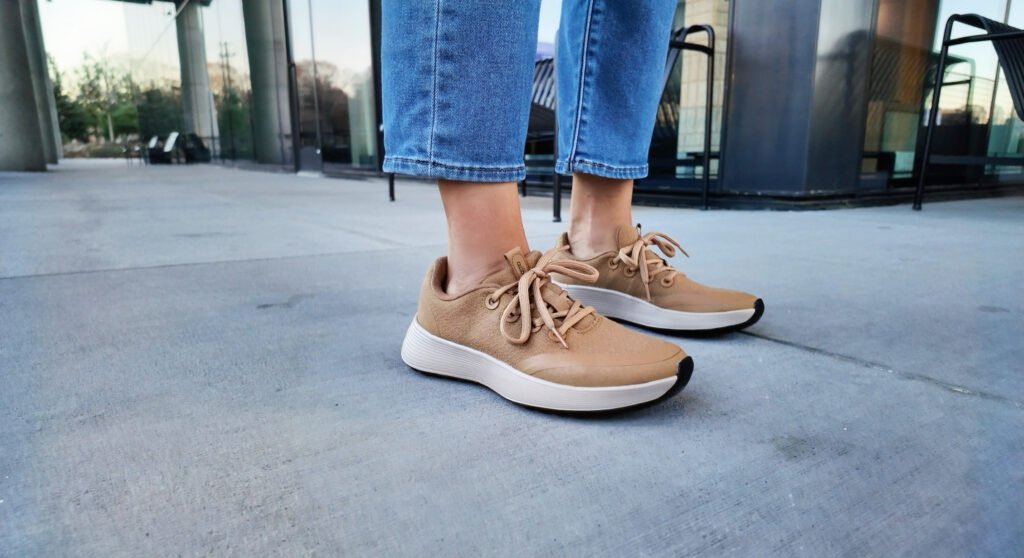 Woman wearing Albirds in beige